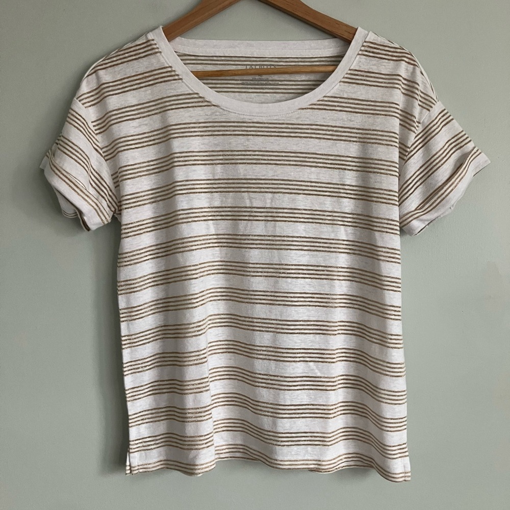 TALBOTS White & Metallic Gold Striped Cotton Blend Tee Size MP